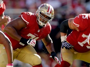 Sweat drips off of Jonathan Martin #71 of the San Francisco 49ers during their game against the Kansas City Chiefs at Levi's Stadium on October 5, 2014 in Santa Clara, California.  Ezra Shaw/Getty Images/AFP