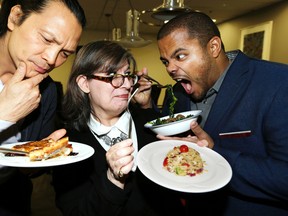 Rita holding dishes she created for Susur Lee and Roger Mooking