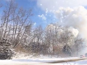 Fireworks explode as a semi-trailer burns on Interstate 94 in southern Michigan, Jan. 9, 2015. (MLive.com/YouTube screengrab)