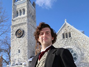 Paul Dyck, who portraying Sir John A Macdonald in front of St. Andrew's Presbyterian Church in Kingston on Friday Jan. 9 2015 Ian MacAlpine/The Kingston Whig-Standard/QMI Agency