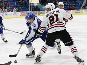 JOHN LAPPA/THE SUDBURY STAR/QMI AGENCY
The Sudbury Wolves battle the Niagara IceDogs at the Sudbury Community Arena on Friday, Jan. 9, 2015.