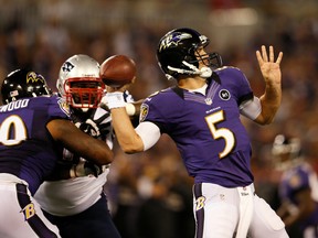 Baltimore Ravens quarterback Joe Flacco has had the New England Patriots’ number in the playoffs.(GETTY IMAGES)