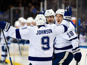 Lightning linemates Tyler Johnson, Nikita Kucherov and Ondrej Palat (18) have all been fantasy revelations through the first 40-plus games this season. (AFP)