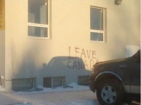 Vandalism to a south Edmonton Sikh temple was met with little reaction as community members simply removed the offensive slogans. Photo submitted