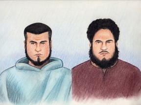 Ashton Carleton Larmond, 24 (right) and his twin brother Carlos Honor Larmond, 24, have been charged by the RCMP with various terror-related offences. Both appeared in court via video on Saturday, Jan. 10, 2015.
Sketch by Laurie Foster-MacLeod
OTTAWA SUN/QMI AGENCY