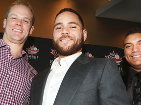 From left, Justin Morneau, new Blue Jays catcher Russell Martin and Josh Nailer attend the Baseball Canada National Teams Awards Banquet. Martin was named on Baseball Canada’s Wall of Excellence. (Justin Morneau (left) and new Blue Jays catcher Russell Martin attend the Baseball Canada National Teams Awards Banquet. Martin was named on Baseball Canada’s Wall of Excellence. (Veronica Henri/Toronto Sun)
)