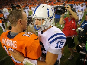 Denver Broncos QB Peyton Manning (left) and Indianapolis Colts QB Andrew Luck. (Getty/AFP)