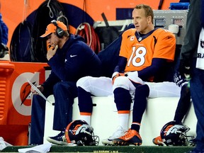 Denver Broncos quarterback Peyton Manning (18) and offensive coordinator Adam Gase on the sideline during the fourth quarter in the 2014 AFC Divisional playoff football game at Sports Authority Field at Mile High. (Ron Chenoy-USA TODAY Sports)
