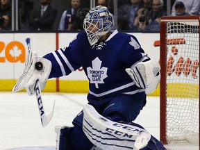 Maple Leafs goaltender Jonathan Bernier’s last two starts against his former team, the Kings, haven’t gone well. Thirteen months ago, he lost a 3-1 game at the Air Canada Centre in which the Leafs faced just 23 shots, and then in March, in Los Angeles, he suffered a lower-body injury in the first period. (Craig Robertson/Toronto Sun)