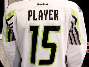 The back of the official away neon green trimmed 2015 Honda NHL All-Star Game jersey that the players will wear on Jan. 25 at Nationwide Arena in Columbus. (NHL)
