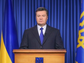 Ukraine's President Viktor Yanukovich makes a statement in Kiev in this February 19, 2014 file photo. (REUTERS/Ukraine's Presidential Press Service/Handout via Reuters/Files)
