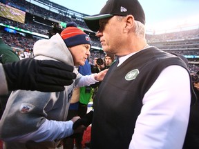New England Patriots head coach Bill Belichick (left) shakes hands with former New York Jets head coach Rex Ryan after a game at MetLife Stadium. (Brad Penner-USA TODAY Sports)