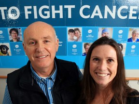 David Middleton and his daughter-in-law, Patti Middleton, stand in front of a Belleville General Hospital Foundation banner in Belleville Jan. 5, 2015. Patti is cancer-free after fighting two forms of cancer, during which she received financial support from the foundation. Now the Middleton family has donated $5,000 to the program that helped them. - LUKE HENDRY/THE INTELLIGENCER