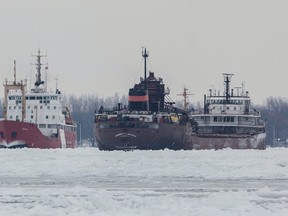 The Canadian Coast Guard Ship Griffon provides ice-breaking assistance to the bulk carrier Herbert C. Jackson in the St. Clair River Sunday. Officials with the Canadian Coast Guard responded to a total of five freighters trapped in the river after the deep freeze this weekend. In the case of the Herbert C. Jackson, the ship was able to continue southward to the Detroit area after being freed. PHOTO COURTESY OF CANADIAN COAST GUARD/RICHARD DOMPIERRE