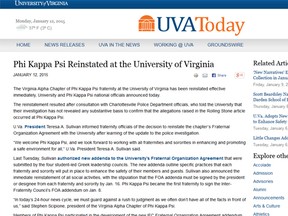 University of Virginia posted on its website the news that it had reinstated a fraternity at the centre of a now-discredited Rolling Stone magazine story about a 2012 gang rape. (news.virginia.edu)