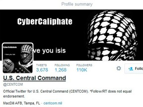 A computer screenshot shows the U.S. Central Command Twitter feed after it was apparently hacked by people claiming to be Islamic State sympathizers, Jan. 12, 2015. (Reuters)