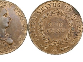 The "Birch Cent", a 1792 United States penny, is shown in this publicity photo released to Reuters January 12, 2015.  (REUTERS/Heritage Auctions/Handout)