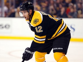 Simon Gagne (12) of the Boston Bruins during a game against the New York Islanders on September 30, 2014 at TD Garden in Boston.
WINSLOW TOWNSON/USA TODAY