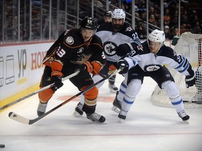 Jakob Silfverberg of the Anaheim Ducks battles for the puck against Toby Enstrom and Jay Harrison on Sunday night. (Jonathan Moore/Getty Images/AFP)