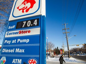 The Husky gas station is seen at Wayne Gretzky Drive and 118 Avenue advertising a regular gas price of 70.4 cents in Edmonton, Alta., on Monday, Jan. 12, 2015. Ian Kucerak/Edmonton Sun