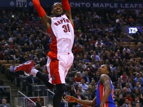 Raptors’ Terrence Ross throws down a dunk against the Pistons at the ACC last night. (Dave Abel/Toronto Sun)