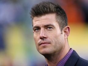 Sports commentator Jesse Palmer is shown prior to start of Super Bowl XLVIII at MetLife Stadium between the Denver Broncos and the Seattle Seahawks on February 2, 2014 in East Rutherford, New Jersey.  Elsa/Getty Images/AFP