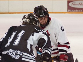 Derek Tarcon lines up for a draw in the offensive zone in the second period of the final game the the midget tournament in Pincher Creek. Greg Cowan photo/Pincher Creek Echo.