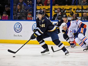 Derek Roy chases Blues forward Vladimir Terasenko during first-period action Tuesday in St. Louis. (USA TODAY SPORTS)