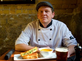 A well-made sandwich is what whets the appetite of Chef Michael Anglestad of the Church Key Bistro-Pub. Here he shows a panko grilled cheese with bacon and arugalla and chimichuri from his lunch menu. (MIKE HENSEN, The London Free Press)