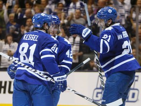 The Maple Leafs' top line of (from left) Phil Kessel, Tyler Bozak and James van Riemsdyk celebrate a goal earlier this season. (Craig Robertson/Toronto Sun)