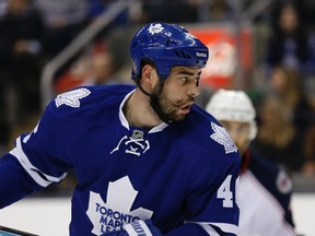 Maple Leafs defenceman Roman Polak was struck in the face with a puck a week ago in a game against Washington. (Jack Boland/Toronto Sun)