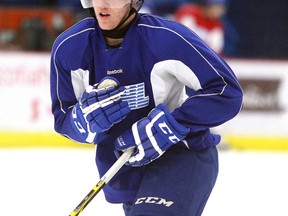 Sudbury Wolves defenceman Reagan O'Grady runs through a drill during team practice on Tuesday afternoon. The Wolves head out on the road today and will play the Windsor Spitfires on Thursday.