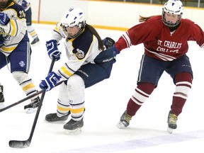 Sierra Crosswhite of the St. Charles Cardinals tries to take a swipe at the puck from Jamie Ricci of the Notre Dame Alouettes during senior girls high school hockey action from the Carmichael Arena on Tuesday afternoon.