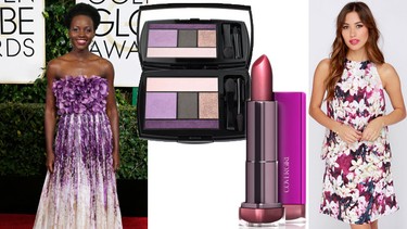 Lupita Nyong’oGlamorous Botanical Artist Purple Floral Print Dress $65 (approx);  lulus.com.Lavendar Grace eyeshadow palette $55; Lancome counters across Canada.CoverGirl Colorlicious lipstick in Tantalize $8.49; Drug stores across Canada.