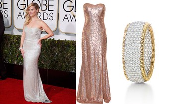 Reese WitherspoonSequin Knit Sleeveless Gown $295; Le Chateau (Available Feb. 28)Tiffany & Co. Schlumberger diamond stitches bracelet in 18k gold; Tiffany & Co.