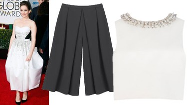 Tina FeyEmmily Cropped Embellished Top $365; Ted Baker424 Fifth Wide Leg Culottes $99; Hudson’s Bay (Available in March)