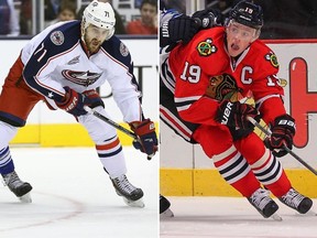 Blue Jackets forward Nick Foligno (left) and Blackhawks forward Jonathan Toews (right) will captain their respective NHL All-Star teams later this month. (USA Today Sports/Files)