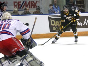 Sarnia Sting forward Jordan Kyrou comes down the wing for a shot on Kitchener Rangers goalie Dawson Carty during the Ontario Hockey League game on Dec. 12 at Kitchener Memorial Auditorium. The Sting and Rangers meet for the second time this season Thursday at RBC Centre. (TERRY BRIDGE/THE OBSERVER)