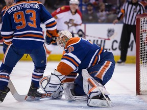Ben Scrivens, shown here making a save against the Florida Panthers on Sunday at Rexall Place, says the team had some good breaks when they were getting points out of their opponents. (David Bloom, Edmonton Sun)