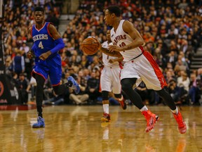 DeMar DeRozan moves the ball upcourt against the Sixers on Wednesday night at the ACC. (DAVE THOMAS, Toronto Sun)