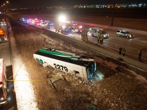 A GO bus flipped on Hwy. 407 Wednesday, Jan. 14, 2015. (Victor Biro photo)