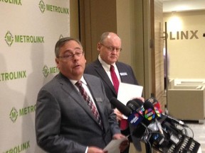 Metrolinx CEO Bruce McCuaig and GO Transit president Greg Percy speak about the GO bus crash Thursday, Jan. 15, 2015. (Shawn Jeffords/Toronto Sun)