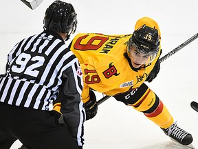 Centre Adam Laishram and his Belleville Bulls teammates open a 3-in-3 weekend Friday at Mississauga. (Aaron Bell/OHL Images)