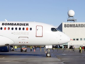 The bombardier aircraft CSseries is shown in Mirabel, Quebec as it is due to take off in this September 16, 2013 file photo.  AFP PHOTO/CLEMENT SABOURIN