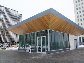 A scraped $1 million zamboni garage that will now be used as a shelter with lockers for citizens using the outdoor legislature pools, in Edmonton Alta., on Thursday Jan. 15, 2015. The building is located in the new plaza outside the refurbished Federal Building. David Bloom/Edmonton Sun