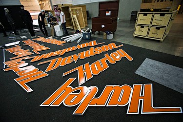 Harley Davidson logos are seen during set up for the 2015 Motorcycle and ATV Show in Edmonton, Alta., on Wednesday, Jan. 14, 2015. Codie McLachlan/Edmonton Sun/QMI Agency