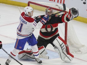 Senators goalie Craig Anderson battles Canadiens' Brendan Gallagher during first period action Thursday night, Jan. 16, in Ottawa. (Tony Caldwell/Ottawa Sun/QMI Agency)