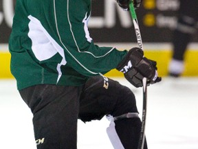 London Knights forward Mitch Marner fires a shot at the end of a drill at Budweiser Gardens on Thursday. The Knights play the Windsor Spitfires on Friday night at the Bud. (MIKE HENSEN, The London Free Press)