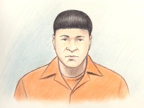 Zakaria Dourhnou has been jailed 7 years for acting as a getaway driver in a triple shooting that left one man dead. Courtroom sketch by Laurie Foster-MacLeod/Ottawa Sun files