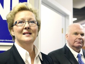 Gino Donato/The Sudbury Star
In this file photo, Sudbury PC candidate Paula Peroni addresses the crowd at the grand opening of her campaign office, as interim leader Jim Wilson looks on.